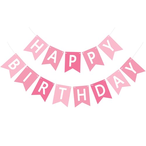 Image of Happy Birthday Banner Sign, Birthday Garland Wall Door Hanging Banners Flag for Women Men Boys Girls Party Backdrop Decorations, Personalized Name Banner White Letters Pink and Light Pink