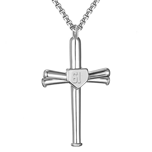 RWQIAN Cross Number Necklace for men - Sport Stainless Steel Cross Silver Chain for Men/Women, Baseball Bat Cross Pendant Chain Baseball Fans Jewelry Gift