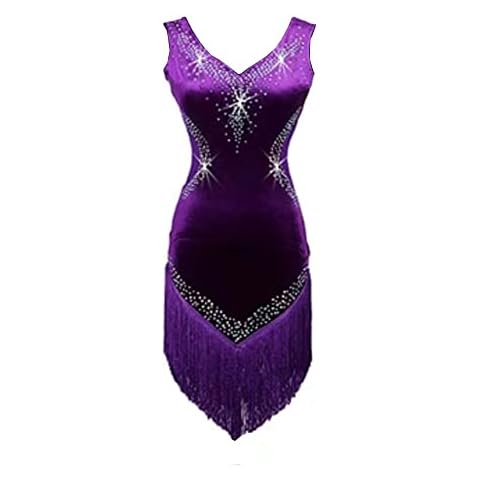 LIUHUO Solid Color Diamond Fringed Latin Dance Dress Competition Performance Training, Purple, X-Large Cover