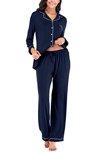 Women's Two-piece Classic Knit Pajama Set Long Sleeve Button Down Pyjama Navy Blue M - Thumbnail 4