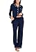 Women's Classic knit Pajama Set Long Sleeve Button Down Pyjama Navy Blue S