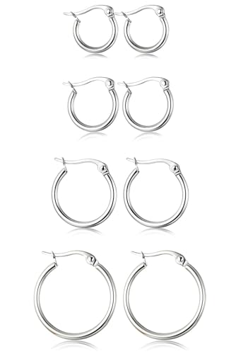 ORAZIO 4 Pairs Stainless Steel Hoop Earrings Set Cute Huggie Earrings for Women,Silver-Tone,10MM-20MM