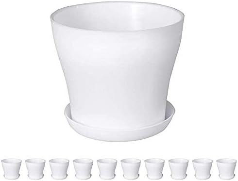 5.5 Inch Plastic Flower Pots with Saucer, Cream White, Nursery Pots with Pallets, Pots with Drainage and Tray, Set of 10