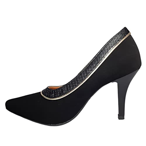 Scarpin Preto Salto Fino Elegante Nobuck Com Croco Sapato