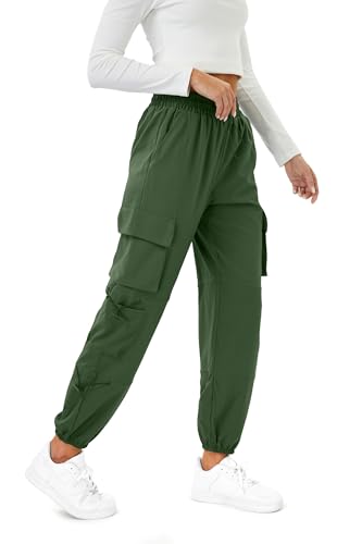 Friptspyg Cargohose Damen Leichter Trekkinghose mit Tasche Wanderhose Schnelltrocken Wasserdicht Einstellgurt Outdoor Hosen Sportlich Jogginghose, Olivgrün L