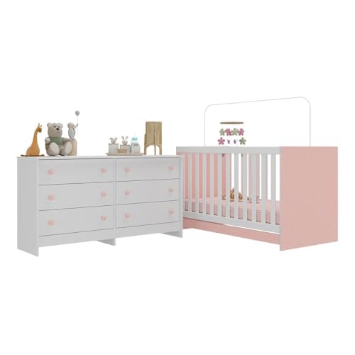 Berço 3 em 1 para Colchão 130 x 60cm com Cômoda Doce de Leite Multimóveis Mp4297 Branco/rosa