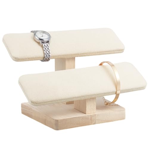 NBEADS Wood Watch Display Stand, 2 Tiers Velvet Bracelet Display Stands with Wooden Base Rectangle Bracelet Organizer Holder Watch Display Tower for Home Retail Display, Beige, 19.7x12.4x13.2cm