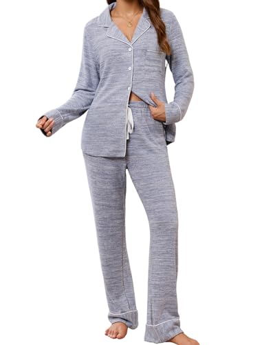 Image of Leikar Button Up Pajama Set For Women Long Sleeve Shirt And Pajama Pants Soft Pjs Lounge Sets