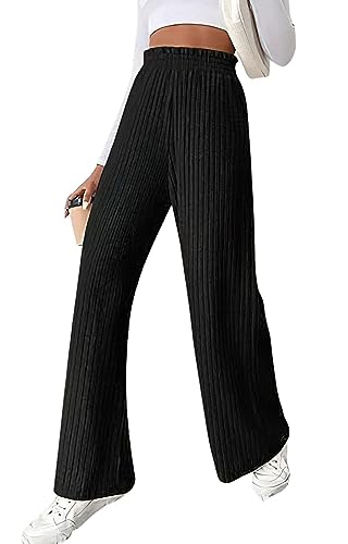 chouyatou Women's Ribbed Knit Wide Leg Pants High Wasit Flowy Palazzo Sweater Pants Lounge Trousers
