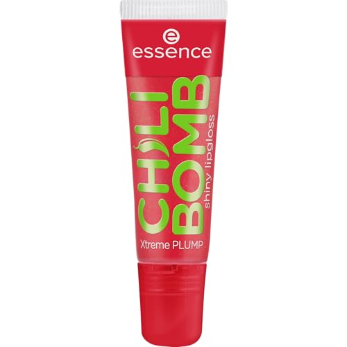 essence CHILI BOMB shiny lipgloss 01 Strawberry Salsa, brillo de labios voluminizador, extracto de chile, tono rojo con destellos, aroma a fresa, 10ml
