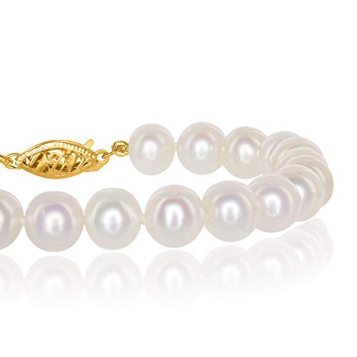 14K Yellow Gold AAA Freshwater Cultured Pearl Bridal Silk-Knotted Strand Bracelet with Fishhook Clasp - Choice of Pearl Size, Length & Metal Color4
