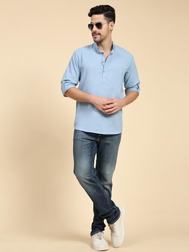 Image of SKAVIJ Men Solid Cotton Long Sleeve Casual Henley Kurta Shirt