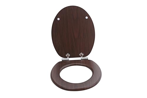 sanicomfort WC Sitz Wood dark, MDF Holzkern, mit Absenkautomatik, Toilettensitz mit Klodecken, Klobrille und Deckel, verchromte Metallscharniere, einfache Montage