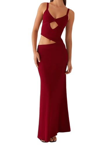 Image of Women Cut Out Maxi Dress Sleeveless Spaghetti Strap V Neck Backless Summer Bodycon Long Dress Party Dress