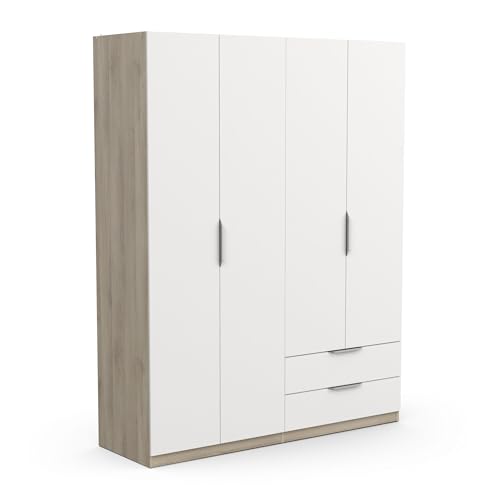 Demeyere 391384 Vestidor con Armario Moderno 4 Puertas 5 estantes 2 cajones, Color Roble Kronberg y Blanco Mate, 157,3 x 51,1 x 203 cm, Madera de ingeniería, Gris