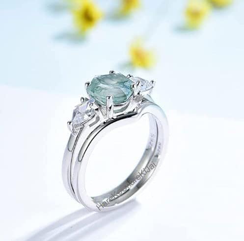 Moss Agate Engagement Ring Set, Hexagon Cut Green Stone Ring, 925 Sterling Silver Bridal Jewelry, Vintage Three Stone Wedding Ring, Antique Silver Anniversary Jewelry for Women
