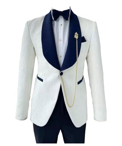 Mens White Jacquard Paisley Floral Blazer Black Pant Luxury Party Prom Groom Tuxedo Wedding Dress 2-Piece Suit