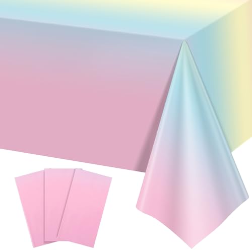 Image of NatNarr 3 Pack Plastic Pastel Tablecloths, 54 x 108 Inch Disposable Princess Table Cloth Rainbow Table Cover Waterproof Rectangle Birthdays Party Tablecloth for Girl Princess Birthday Party Supplies