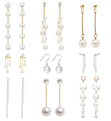 SAMOCO 9 Pairs Big Simulated Pearl Long Tassel Drop Earrings for Women Double Sided Front Back Pearl Earrings Cross Imitation Pearl Dangle Earrings