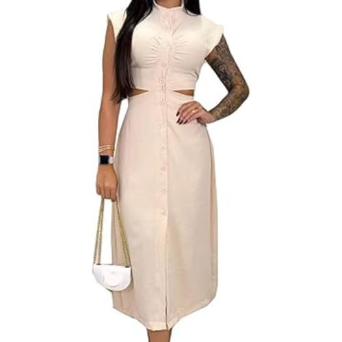 Robe mi-longue beige à manches courtes style boutonné taille S