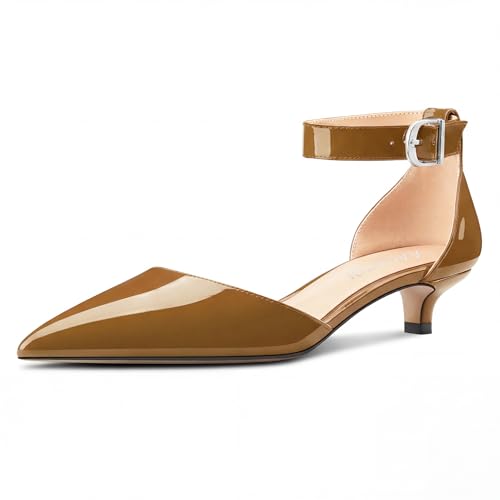 Image of Aachcol Women Kitten Low Heel Ankle Strap Pumps Pointed Toe Sandals Dress Shoes Party Office Wedding 1.5 Inch