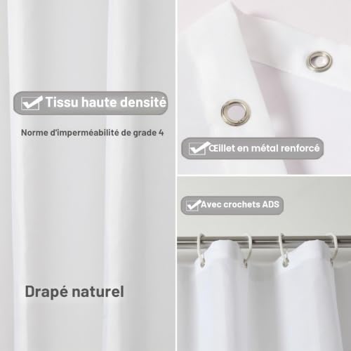 Rideau de douche 80x200cm blanc en polyester imperméable pour baignoire chic - 7