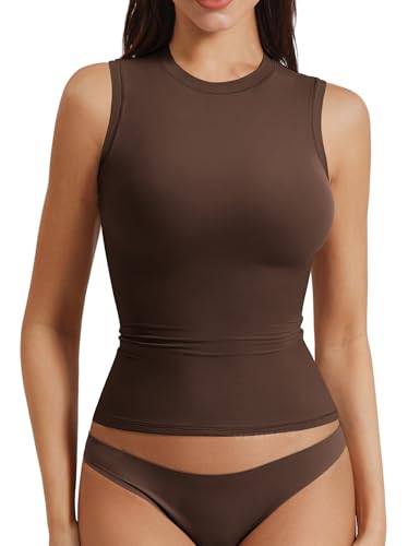 Image of YEOREO Women Basic Mock Neck Workout Crop Top Sleeveless Double Lined Tank Tee Slim Fitted Ruched Going Out Camisole