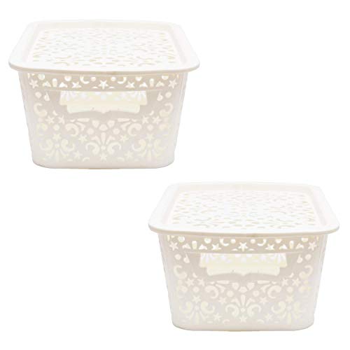 Image of Cutting Edge Essentials Plastic Storage Baskets /Shelf /Turkish Rack with Lid - Set of 2 for Fruit Vegetable Bathroom Stationary Home Basket with Handle (Cream, Small)