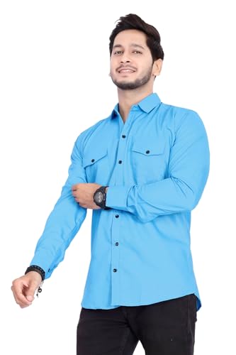 Image of Men's Cotton Spread Collar Full Sleeve Regular Fit Solid Casual Shirt with Double Pockets - Stylish Comfortable Shirt for Everyday Wear