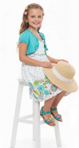 Image of ToBeInStyle Girls Two Piece Short Sleeve Dress and Matching Bolero Crop Cardigan Assorted Prints Cotton Blend Summer Outfit