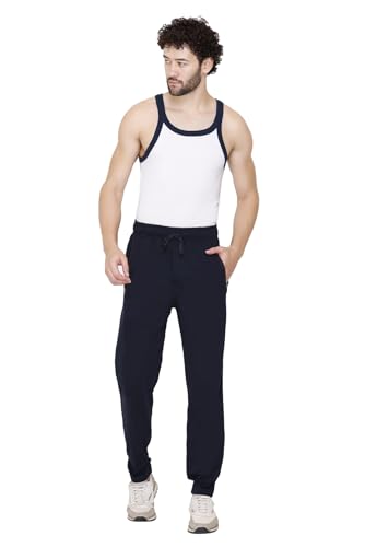 Image of Plus Size Cotton Loop Knit Lowers for Men, Zip Pocket, Night Pant, Joggers, Sports Trousers, Gym n Lounge Wear Track Pant for Boys Navy 4XL