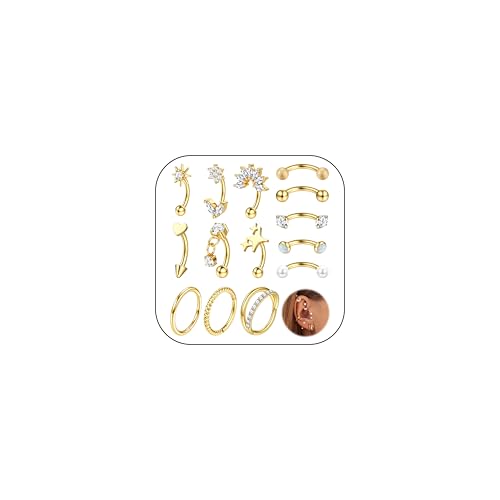 16g Rook Piercing Jewelry Surgical Steel Vertical Labret Lip Jewelry Gold Eyebrow Piercing Rook Daith Earrings for Women Cartilage Curved Barbell Daith Surface Tragus Piercing Jewelry 14 Pcs G1