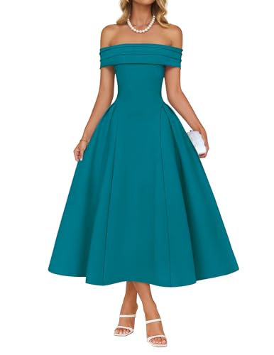 Image of ZESICA Summer 2026 Cocktail Dresses for Women's Off Shoulder Short Sleeve Swing A Line Wedding Evening Party Midi Dress