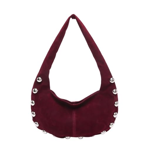 Suede Purse Studded Hobo Shoulder Suede Bag for Women Crescent Purse Soft Underarm Bag with Silver Ball Rivets Trendy Alt