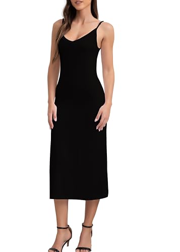 Cmumienzink V Neck Long Full Slips for Women Under Dresses Adjustable Straps Midi Cami Dress (US, Alpha, X-Large, Regular, Regular, Black)
