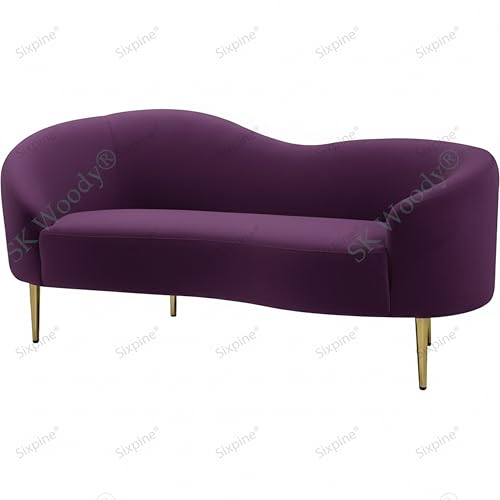 Image of Rosewood Luxury Curved Sofa in Premium Velvet-Fabric | Solid Wood Structure | High Density Foam | Sturdy Golden Legs | Comfortable & Stylish Couch for Modern Living Room (Purple, 2 Seater)