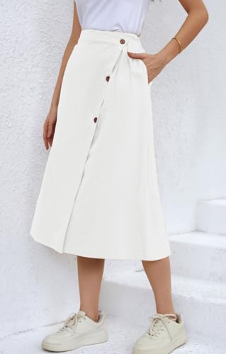 CHARTOU Women's Summer Linen Elastic Back Buttoned Swing Midi A Line Skirt3
