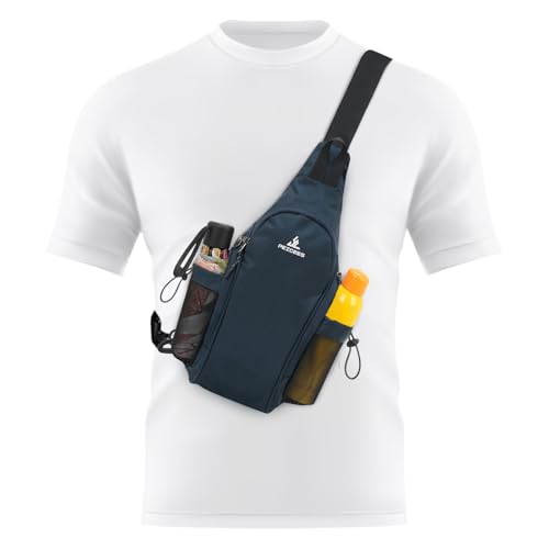 Peicees Small Sling Bag with 2 Bottle Holders, Sling Backpack Crossbody Bag Chest Daypack for Daily Use Travel, Bottle Not Included, Dark Blue