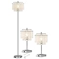 Luvkczc Table Lamp and Floor Lamp Set, Crystal Table Lamp with USB Ports+Crystal Floor Lamps Set of 2, Morden Lamps for Living Room, Bedroom, Office (Silver)