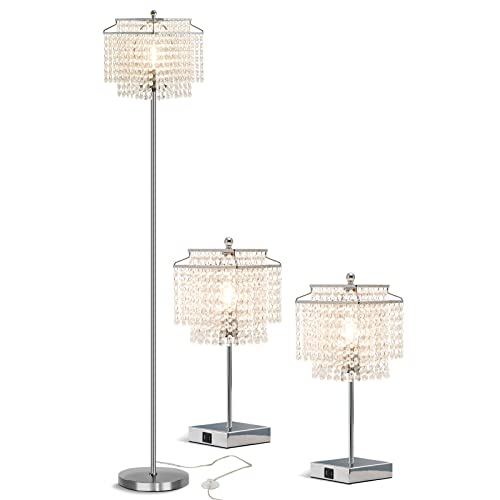 Luvkczc Table Lamp And Floor Lamp Set, Crystal Table Lamp With Usb Ports+Crystal Floor Lamps Set Of 2, Morden Lamps For Living Room, Bedroom, Office (Silver) #TOP16