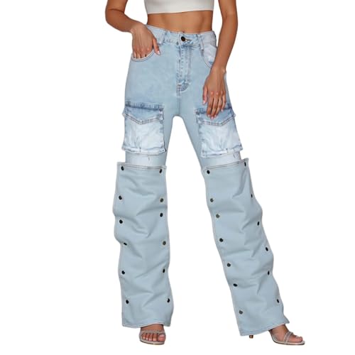 Jean droit femme taille haute pantalon denim délavé casual de travail