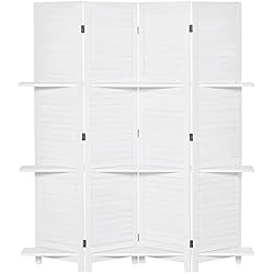Persianas Para Separar Ambientes HOMCOM Biombo Separador de Madera de 4 Paneles Divisor de Habitaciones Plegable con 3 Estantes Extraíbles Diseño Persiana para Dormitorio Oficina 160x170 cm Blanco