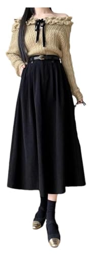 Women's Fall Winter Corduroy A-Line Skirt Elastic Waist Swing Retro Long Skirt with Belt