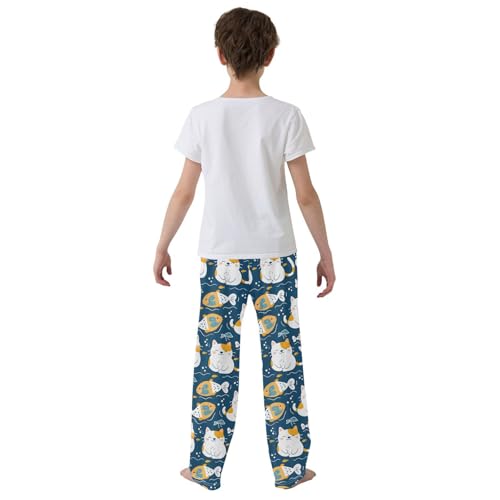 Cute Cat with Fish Pajamas Bottoms with Pockets Comfy Pjs Sleepwear Elastic Waistband Pajamas Pants Lounge Pants for 6-14 Years3