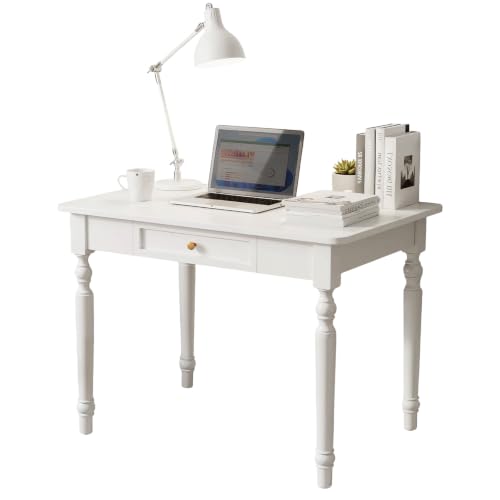 BaoBaJiu Schreibtisch Massivholz Landhausstil 80x60 cm Weiß, extra tiefer Schminktisch und Computertisch mit vormontierten Schubladen geruchsneutral
