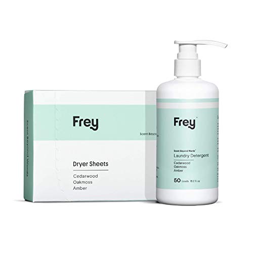 FREY Concentrated Washing Detergent + Natural Dryer Sheets (Classic Package) - Laundry Bundle Includes Free and Clear Detergent (50 loads) and 40 Scented Dryer Sheets(Cedarwood/Bold Fragrance)