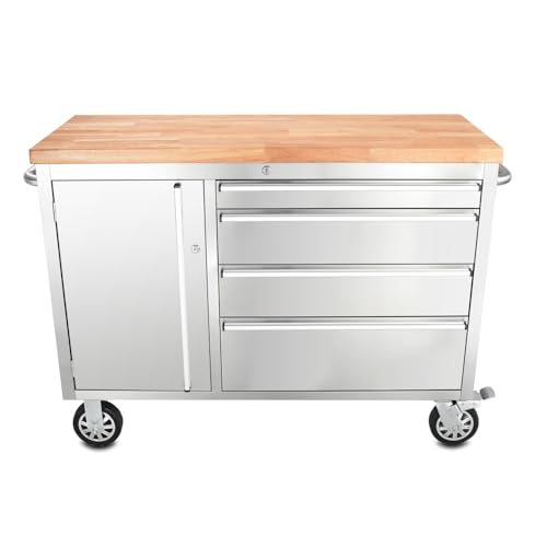 Ondis24 Edelstahl-Werkstattwagen Werkzeugwagen mit 4 Leichtlaufschubladen & XL-Massivholzarbeitsplatte, Lenkrollen, unbestückt (Grau, 130 x 49 x 92)