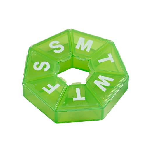 Image of Ezy Dose Weekly (7-Day) Pill Organizer, 7-Sided Medicine Planner, Green | Compact Daily Round Vitamin & Supplement Medicine Case, Convenient and Easy to Use, Travel-Friendly Container, BPA-Free