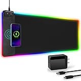 Wireless Charging RGB Gaming Mouse Pad 10W, 31.5''x15.7''Extended Large Desk Mat Protector, [9 Light Modes] [Light Switch] [Non-Slip Rubber Base] [Waterproof] Keyboard Mat, Adapter Included