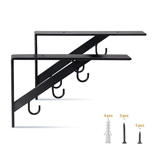 Shelf Brackets Heavy Duty Metal Shelf Holders, Triangle Type with Hook Brackets for Wall Mounted Shelves Black (8 inch Triangle with Hook (2 pcs))